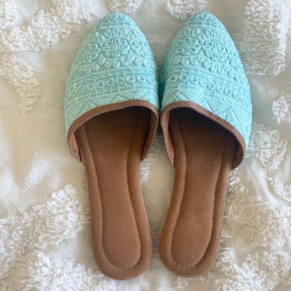 NWOT Genuine Indian Boho Aqua Blue Sequined Flats/Mules - Picture 2 of 5